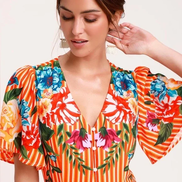 Lulus Roam the Riviera Orange Multi Striped Button-Up Maxi Dress Size XS - Picture 3 of 10